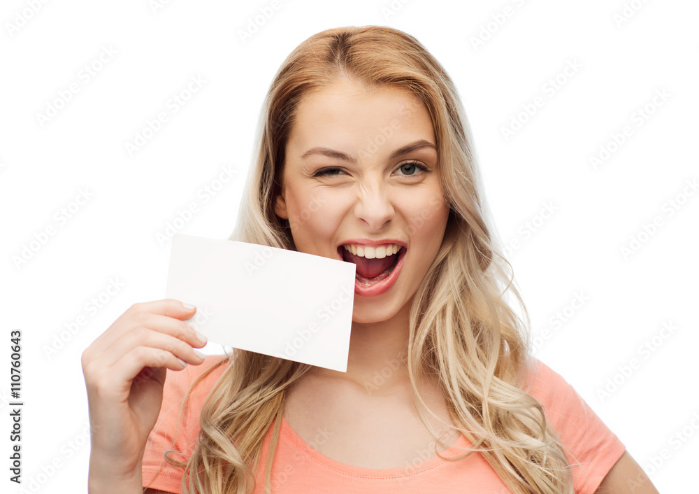 happy woman or teen girl with blank white paper happy woman or teen girl with blank white paper