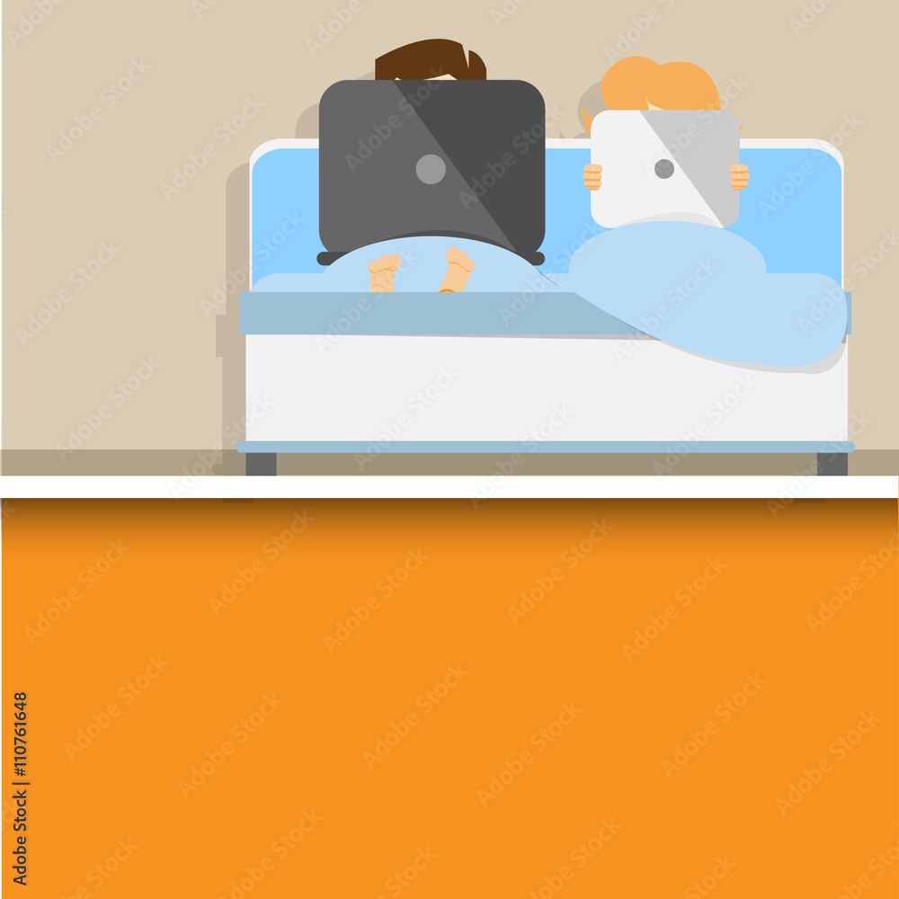 Man and woman with laptop in a bed flat design vector illustrati Man and woman with laptop in a bed flat design vector illustrati