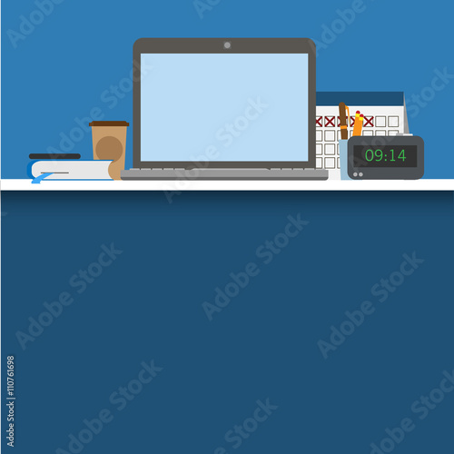 Business man work place creative vector poster. Laptop and other