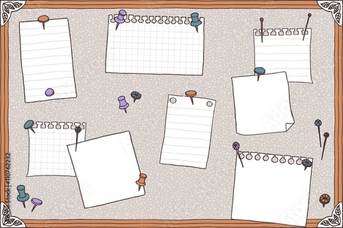 Hand drawn illustration of pin board, pins, needles, and empty note papers