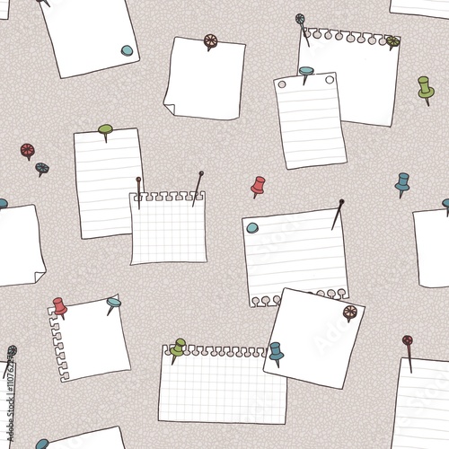 Seamless pattern of pin board, pins, needles, and empty note papers