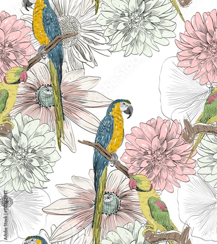 Vector sketch of a parrot with flowers. Hand drawn illustration