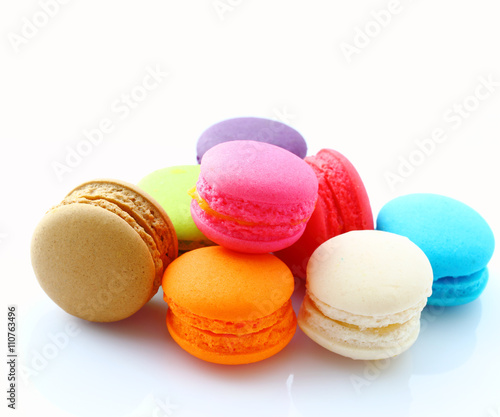 Close up of macarons on white.