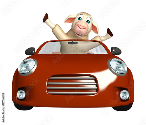 cute Sheep cartoon character with car