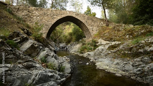 Small mountain river flows under the medieval Venetian bridge in the pine forest. A quiet evening in Cyprus