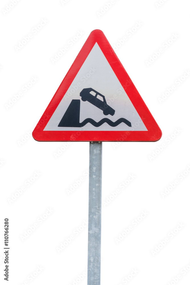 road sign leaving the embankment or shore isolated on white background road sign leaving the embankment or shore isolated on white background