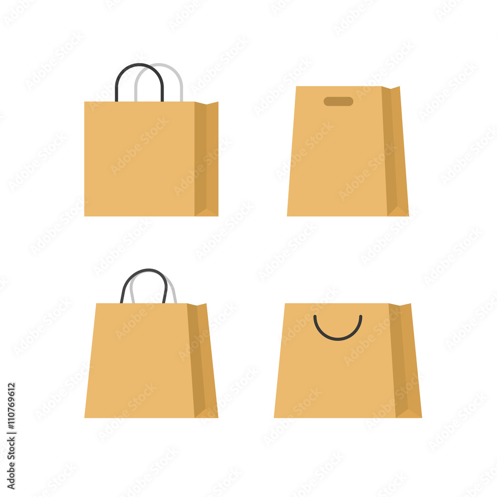 Shopping bags paper vector set isolated on white background, flat paper bag  with handle cartoon simple illustration design Stock Vector | Adobe Stock