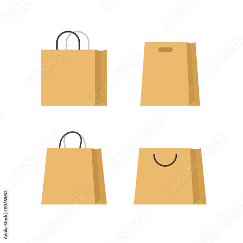 Shopping bags paper vector set isolated on white background, flat paper bag with handle cartoon simple illustration design