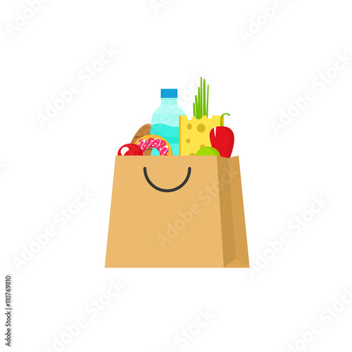 Grocery bag vector illustration isolated on white background, paper bag of groceries flat cartoon simple design, fresh food products package
