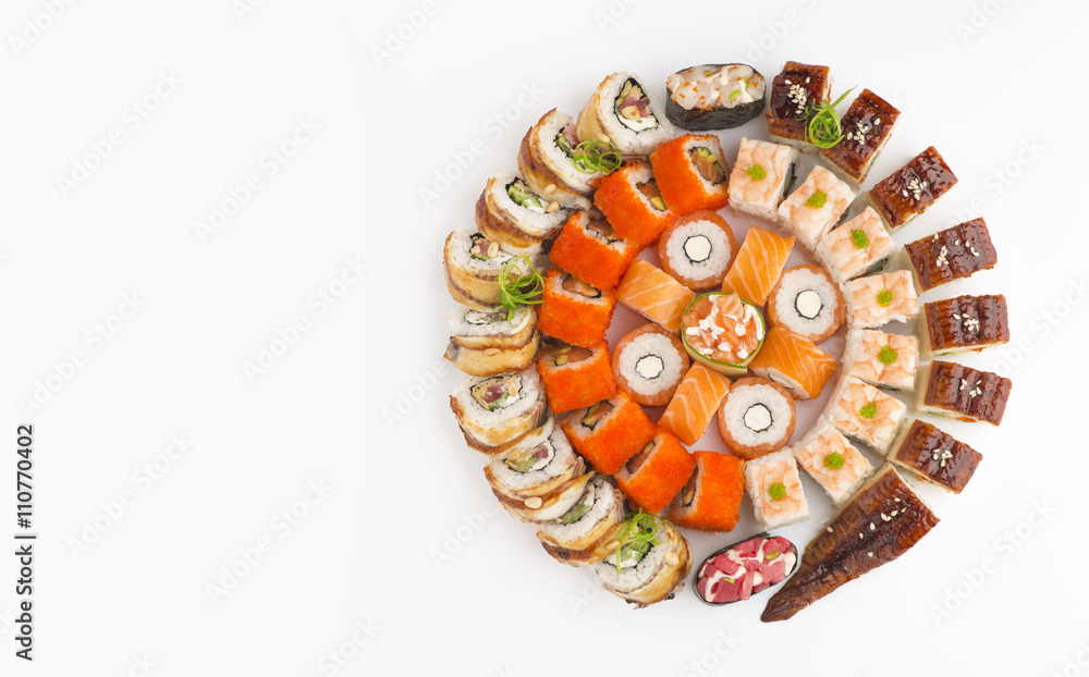 Big round sushi set with different kind of rolls