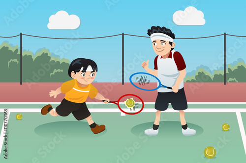 Father Son Playing Tennis