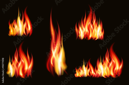 Fire flame strokes realistic isolated on black background vector illustration