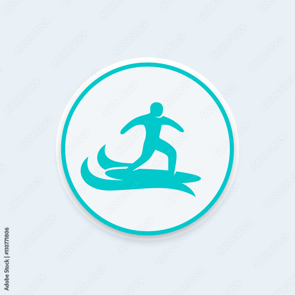 Surfer icon, surfing vector sign, man on surfing board icon on round shape, vector illustration