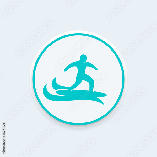Surfer icon, surfing vector sign, man on surfing board icon on round shape, vector illustration