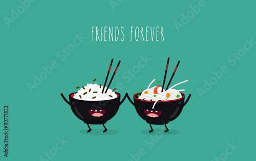 Funny rice noodles and rice in black plates. Friend forever. Vector illustration. Comic character