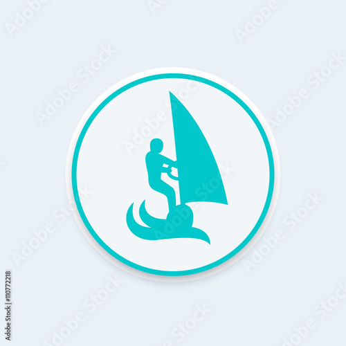 Windsurfing icon, windsurfer vector pictogram on round shape, vector illustration