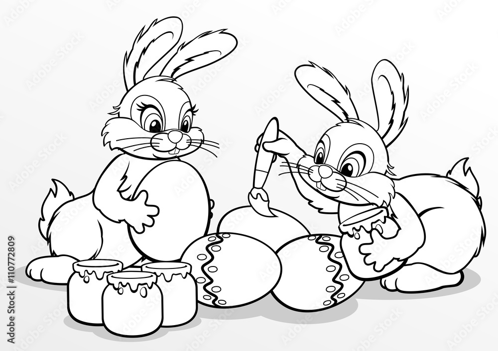 Fototapeta Kolorowanie. Wielkanocne króliczki malują jajka. białe tło