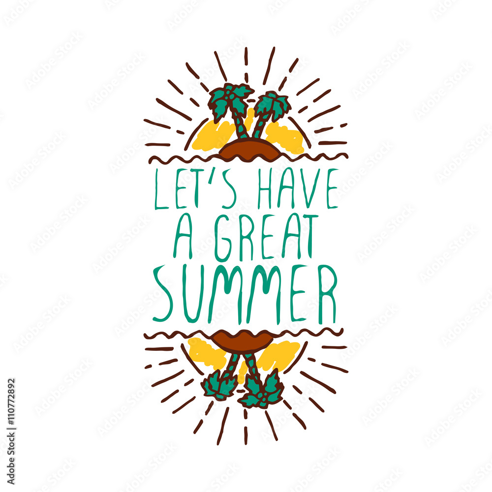 Hand-sketched typographic element with palm trees and sun Hand-sketched typographic element with palm trees and sun