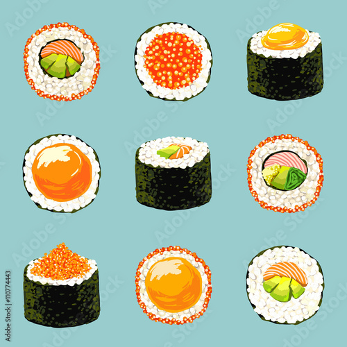 Sushi set.  Food blue background. Vector illustration