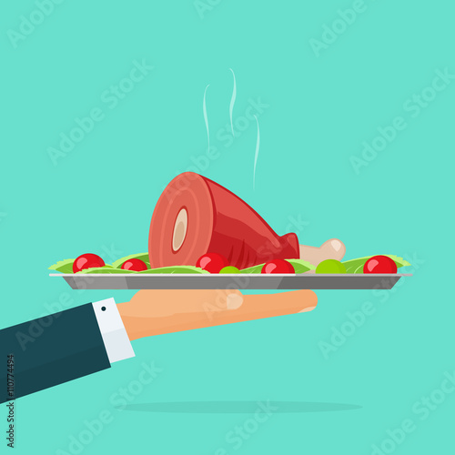 Hand holding serving tray with hot cooked food vector illustration isolated on green, waiter with roasted meat on plate, catering concept, fresh cooked chicken leg, lunch, dinner flat cartoon design