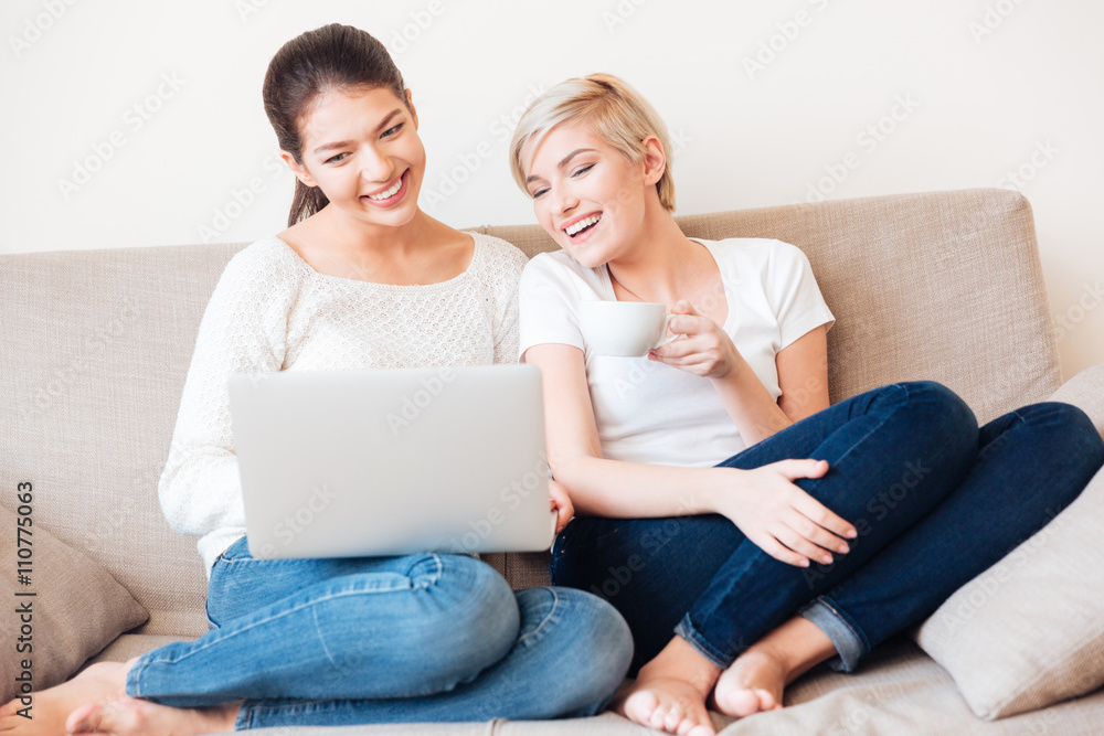Two women using laptop computer on the sofa Two women using laptop computer on the sofa