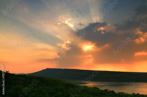 Beautiful sunset over lake at Lam Ta Khong Reservoir