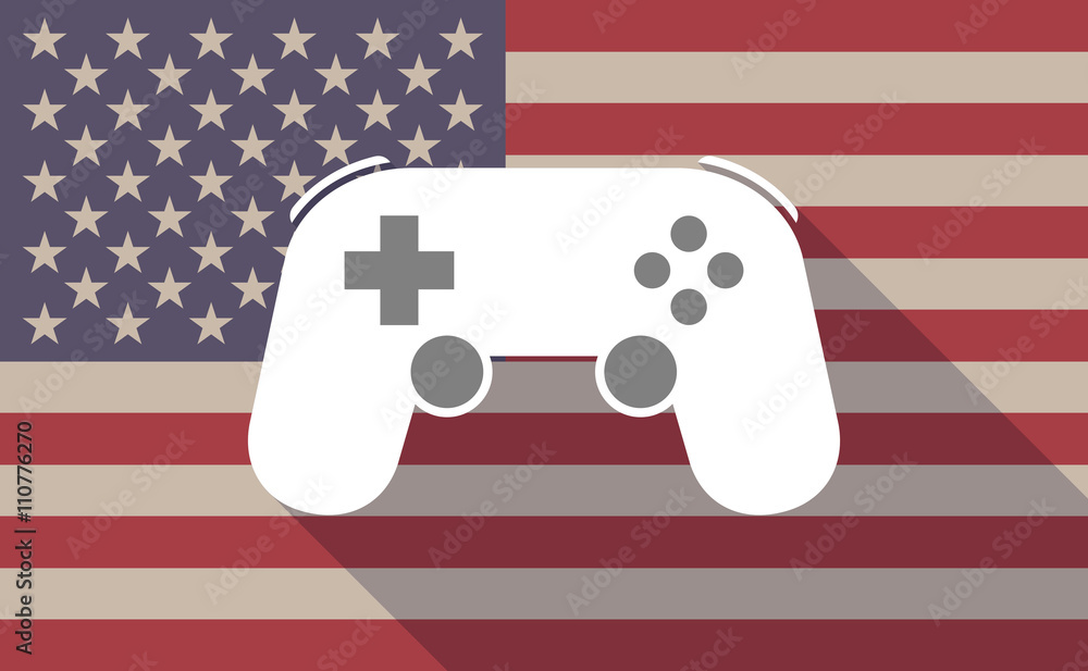 Long shadow USA flag icon with a game pad Long shadow USA flag icon with a game pad