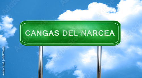 Cangas del narcea vintage green road sign with highlights photo