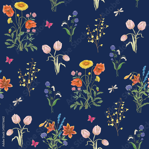 Fototapeta Naklejka Na Ścianę i Meble -  Tulip, dandelion, cornflower, delicate flower, vector pattern. wildflowers, poppy, chamomile, background