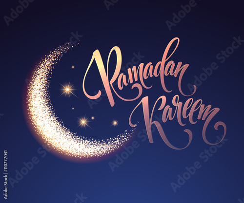 Ramadan Kareem greeting lettering card with moon and stars. Vector illustration