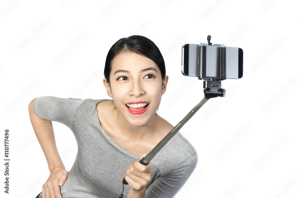 Happy woman with smartphone selfie stick 1 Happy woman with smartphone selfie stick 1