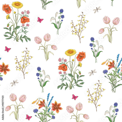 Tulip, dandelion, cornflower, delicate flower, vector pattern. wildflowers, poppy, chamomile, background