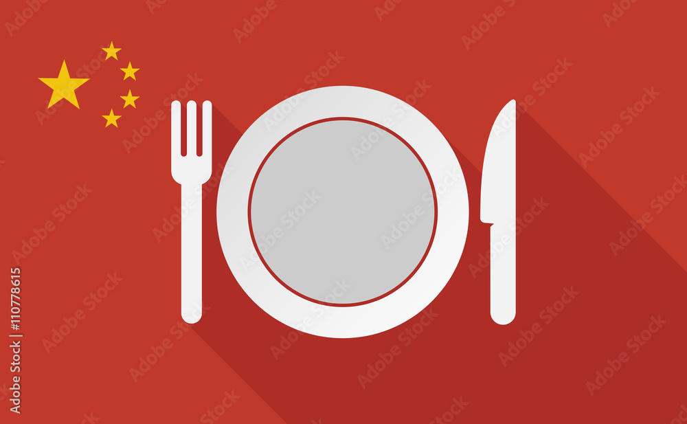 China long shadow flag with a dish, knife and a fork icon China long shadow flag with a dish, knife and a fork icon
