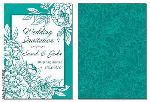 Wedding invitation green and white hand drawn peony flowers.