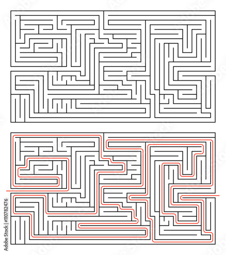 Rectangular maze of medium complexity on white and solution with red path