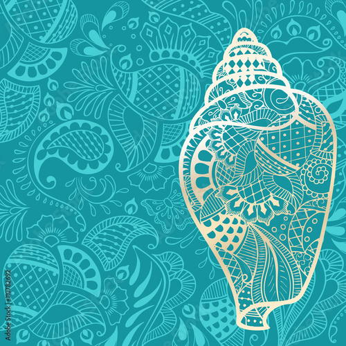 Summer travel background with gold sea shell