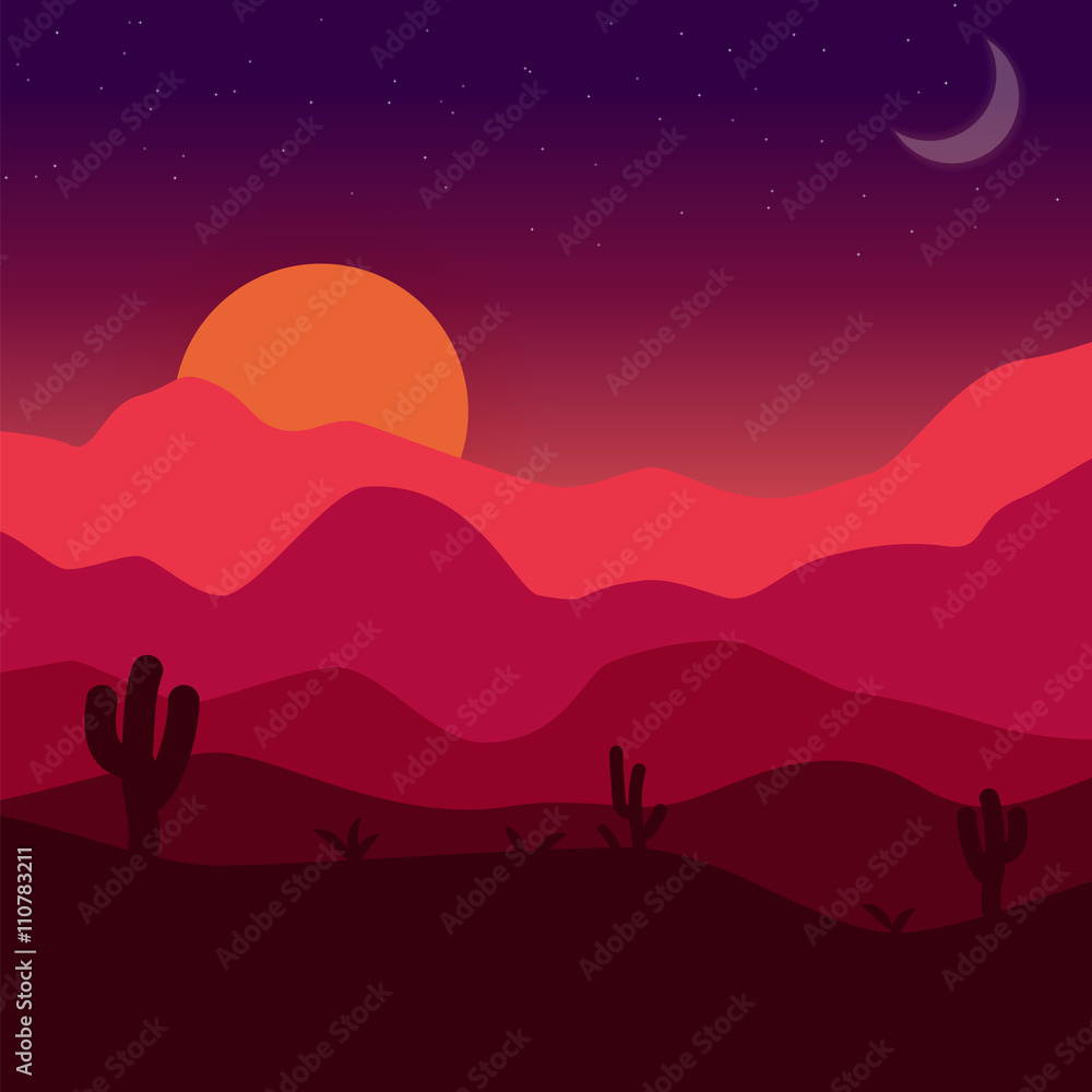 Desert sunset. Vector mexican landscape illustration with cactuses, dunes, rocks, sun and moon in red, orange and purple colors.
