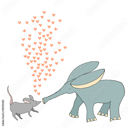 Cute elephant and mouse in love. Vector romantic illustration.