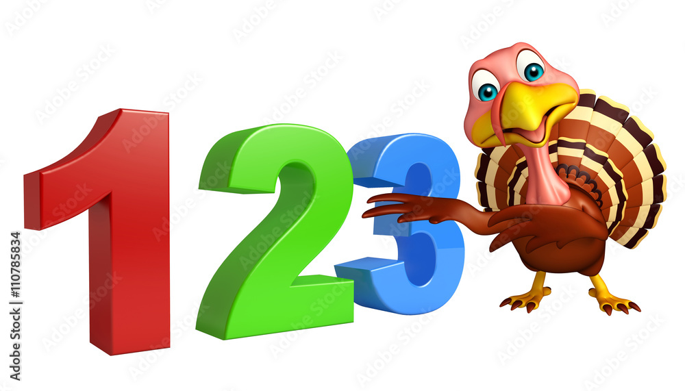 Obraz premium cute Turkey cartoon character with 123 sign