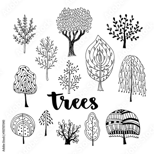 Trees vector set. Hand drawn vector collection of doodle trees