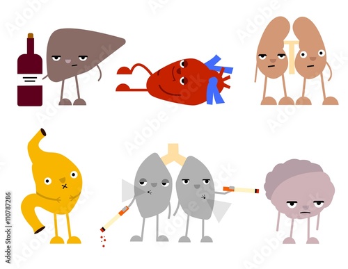 Set of diseased human organs. Isolated on white background. Smoking lungs, lazy heart, crowded stomach, drunk liver and kidney, sad and lazy brain. Handdrawn cartoon illustration. Made in vector.