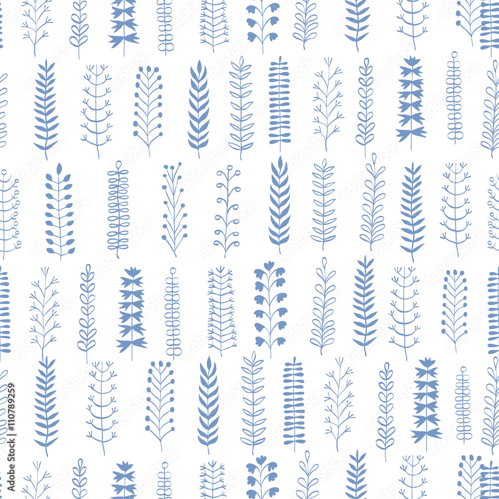 Seamless pattern with blue hand drawn branches on white background. Vector. Seamless pattern with blue hand drawn branches on white background. Vector.