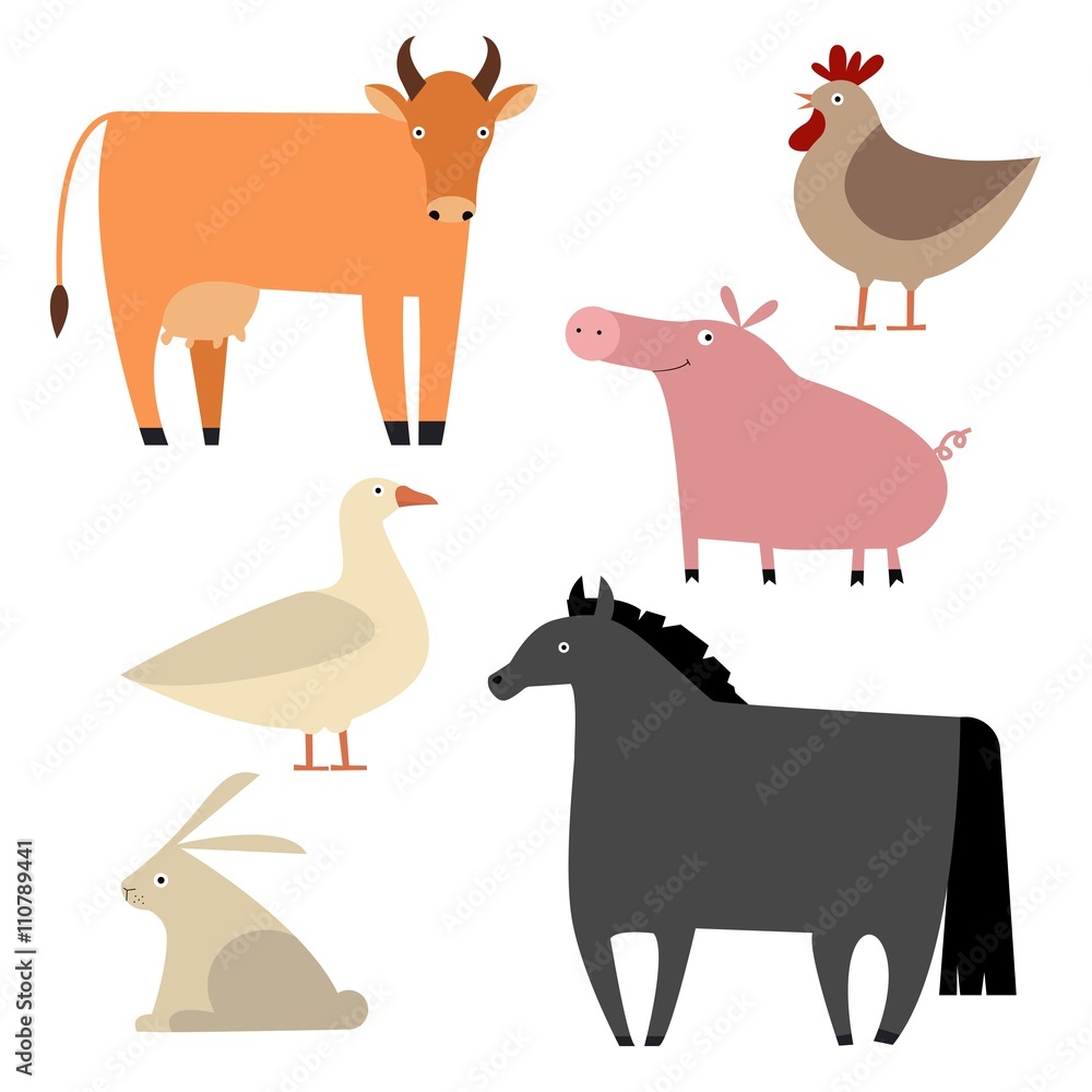 Cartoon vector set of farm animals. Hen, rabbit, horse, cow, pig.