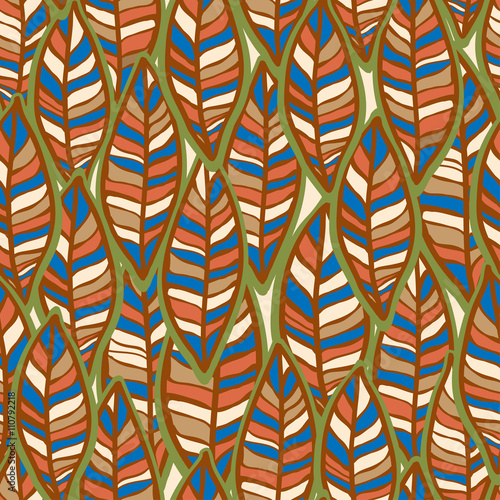 Seamless pattern with stylized flat ornamental leaves. Ethnographic style. 