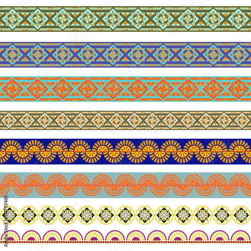 Set of 8 geometric exotic seamless borders of different color sets. Pattern brushes are included in the file