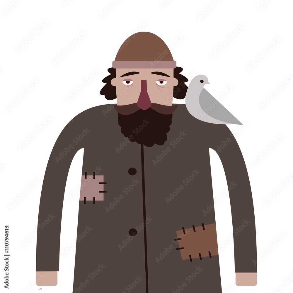 Homeless man. Bum vector character. Cartoon homelessness person in dirty  cloak with a bag and dove on shoulder. Isolated on background. Stock Vector  | Adobe Stock