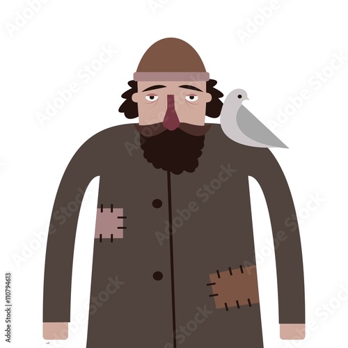 Homeless man. Bum vector character. Cartoon homelessness person in dirty cloak with a bag and dove on shoulder. Isolated on background.