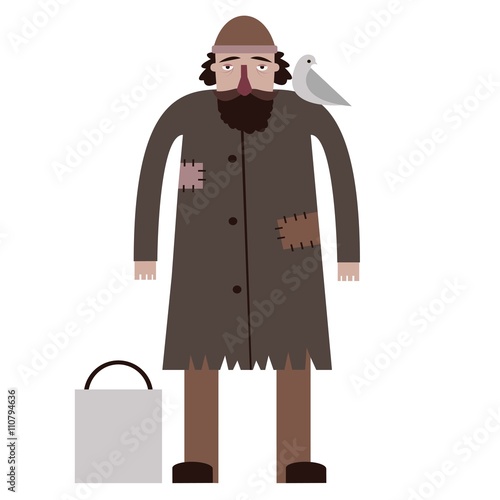 Homeless man. Bum vector character. Cartoon homelessness person in dirty cloak with a bag and dove on shoulder. Isolated on background.
