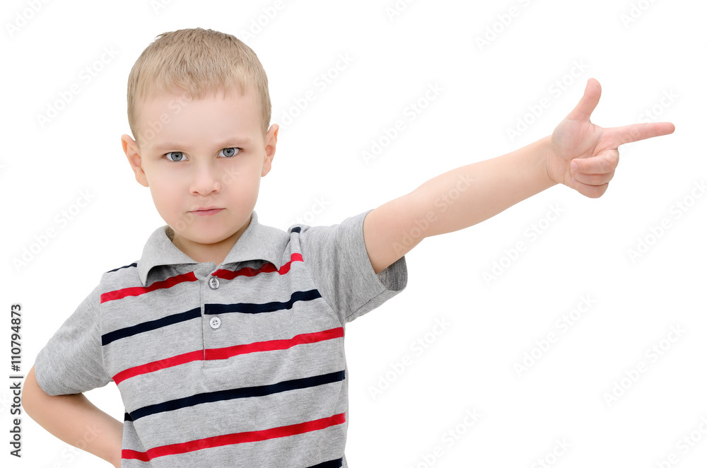 Angry little boy shows a finger on a white background Angry little boy shows a finger on a white background