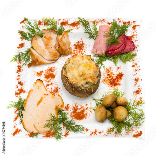 steamed vegetables with ham and mushrooms isolated on white